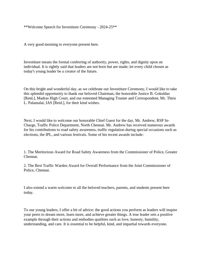 Investiture Ceremony Welcome Speech 2024 | PDF