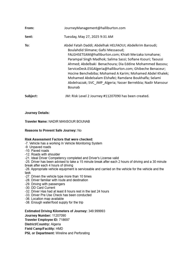 Journey Risk Assessment for Nadir Bounab | PDF | Land Transport | Vehicles