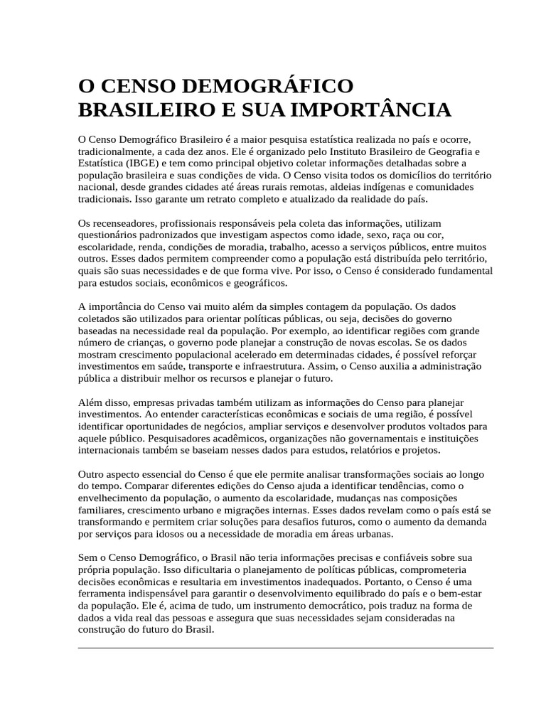 Importância do Censo Demográfico Brasileiro | PDF | Censo | Brasil