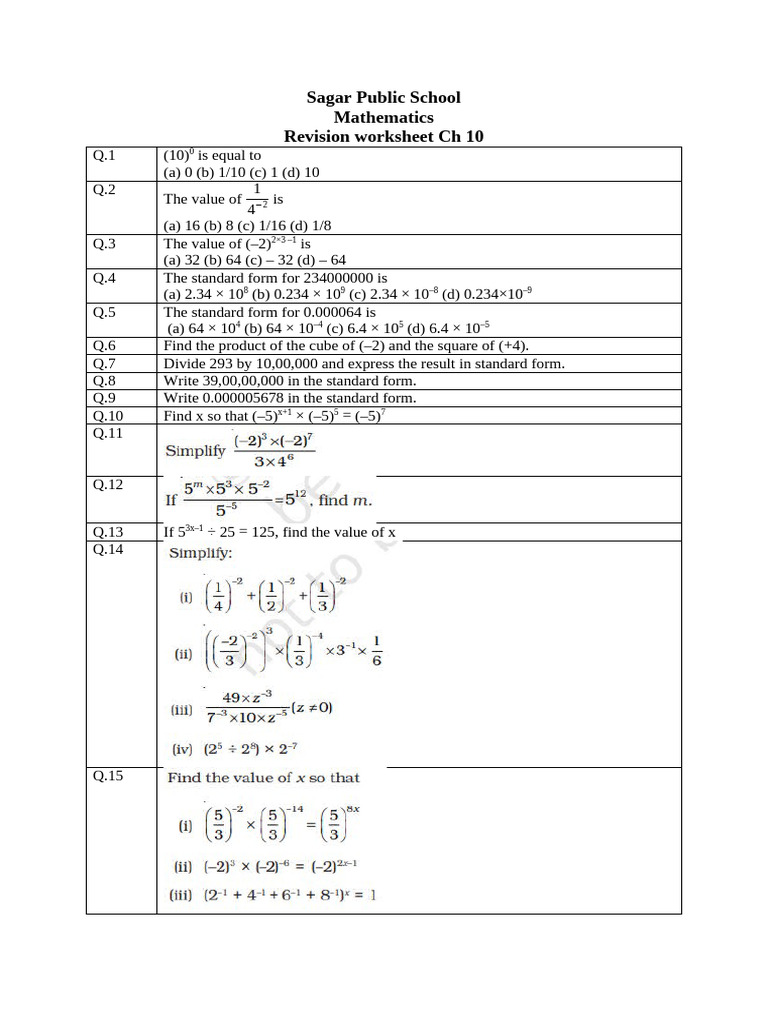 Math Revision Worksheet for Chapter 10 | PDF