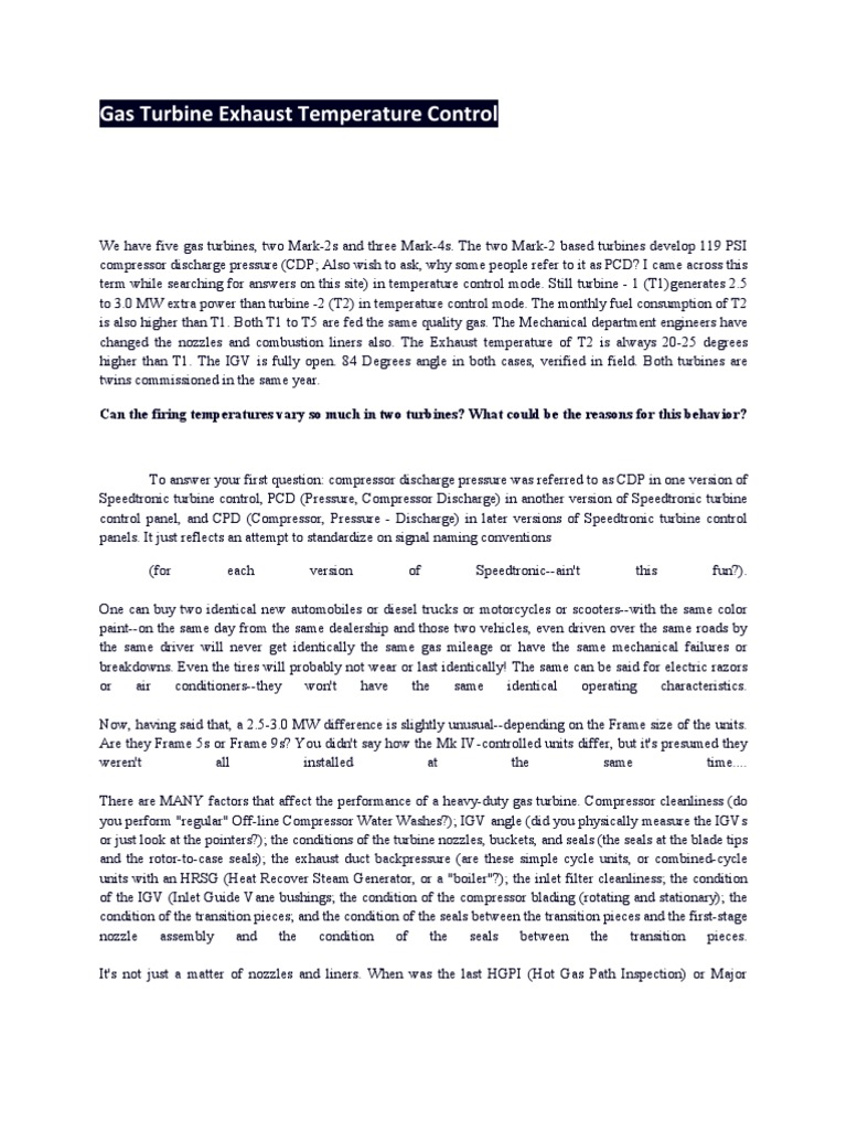 Gas Turbine Exhaust Temperature Control PDF Gas Turbine Turbine