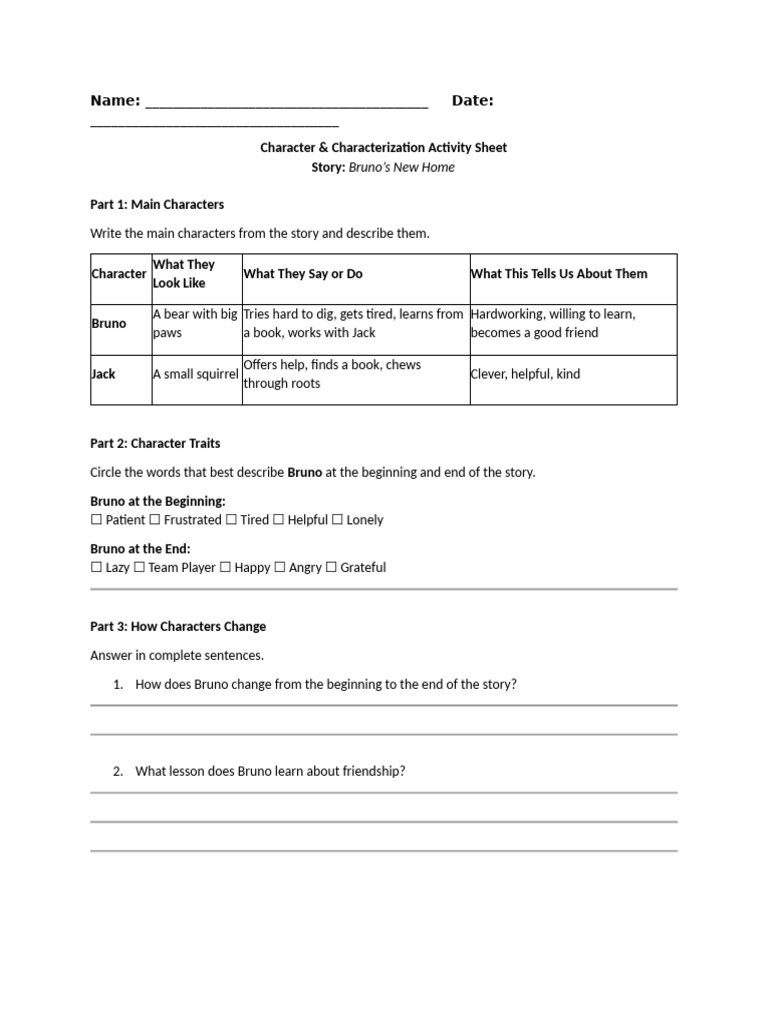 Character and Characterization Activity 3rd Grade | PDF