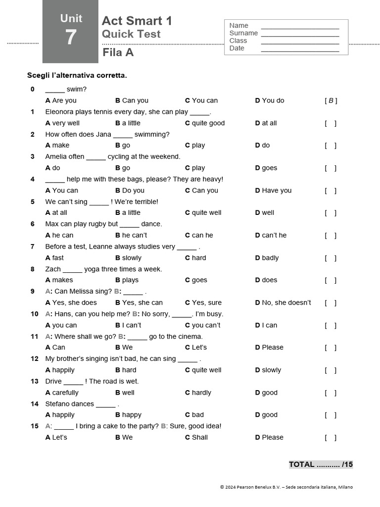 Act Smart 1 Unit 7 Quick Test | PDF