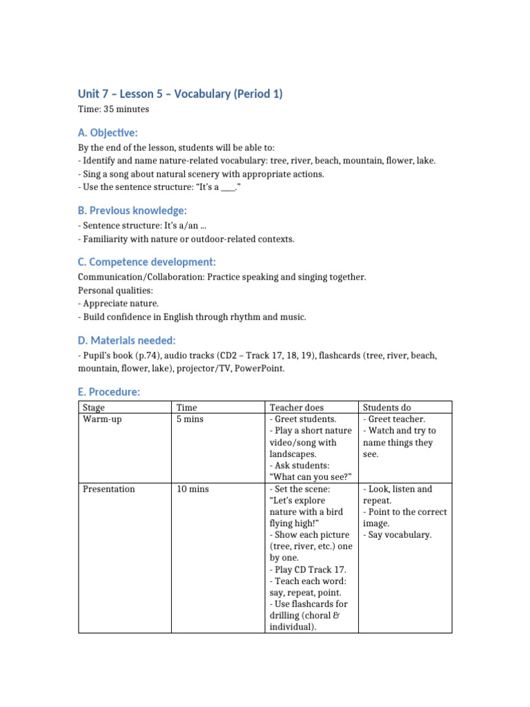 Nature Vocabulary Lesson Plan | PDF | Vocabulary | Learning