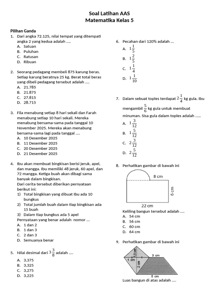 Soal Latihan Matematika Kelas 5 | PDF