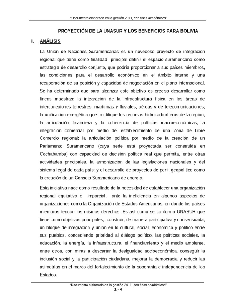 Proyeccion de Unasur para Bolivia | PDF | América del Sur | Bolivia