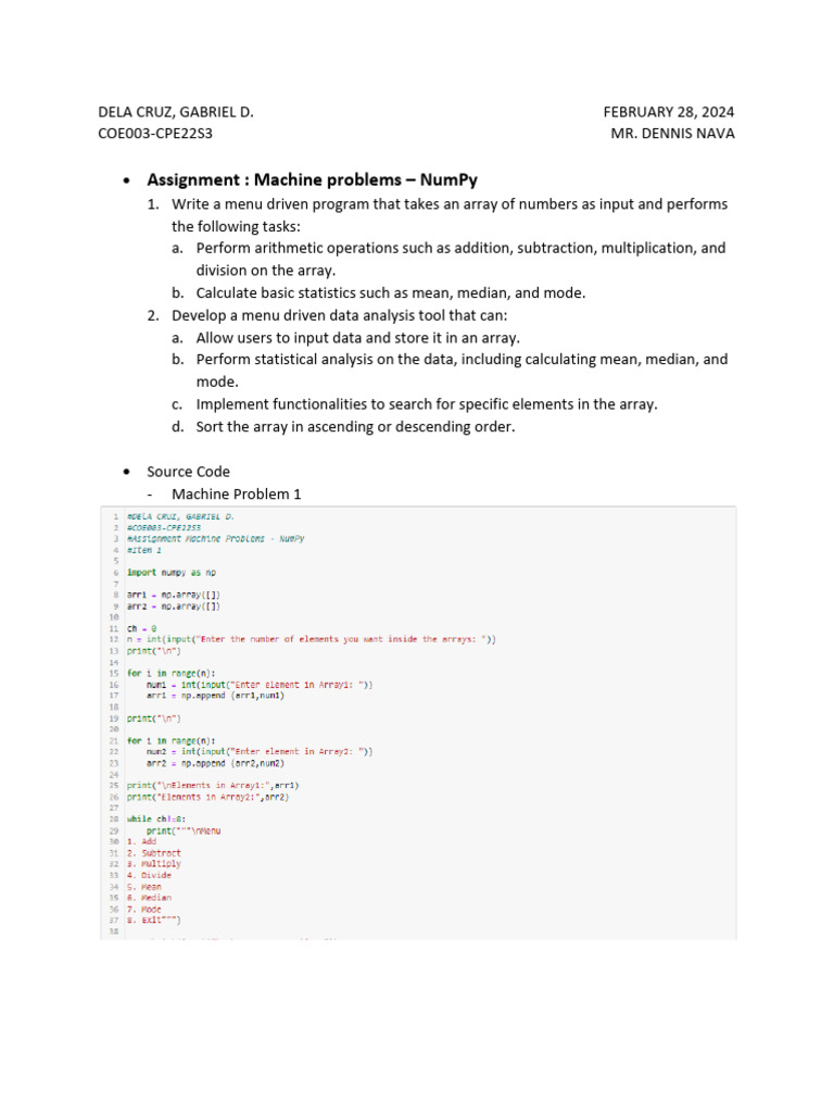 Assignment Machine Problems NumPy (Dela Cruz, Gabriel D.) | PDF