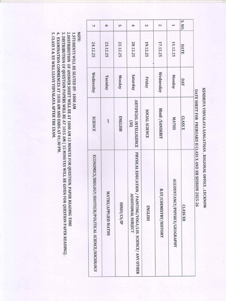 Datesheet of Second Pre Board Class X and Xii Session 2025-26 (Scanned ...