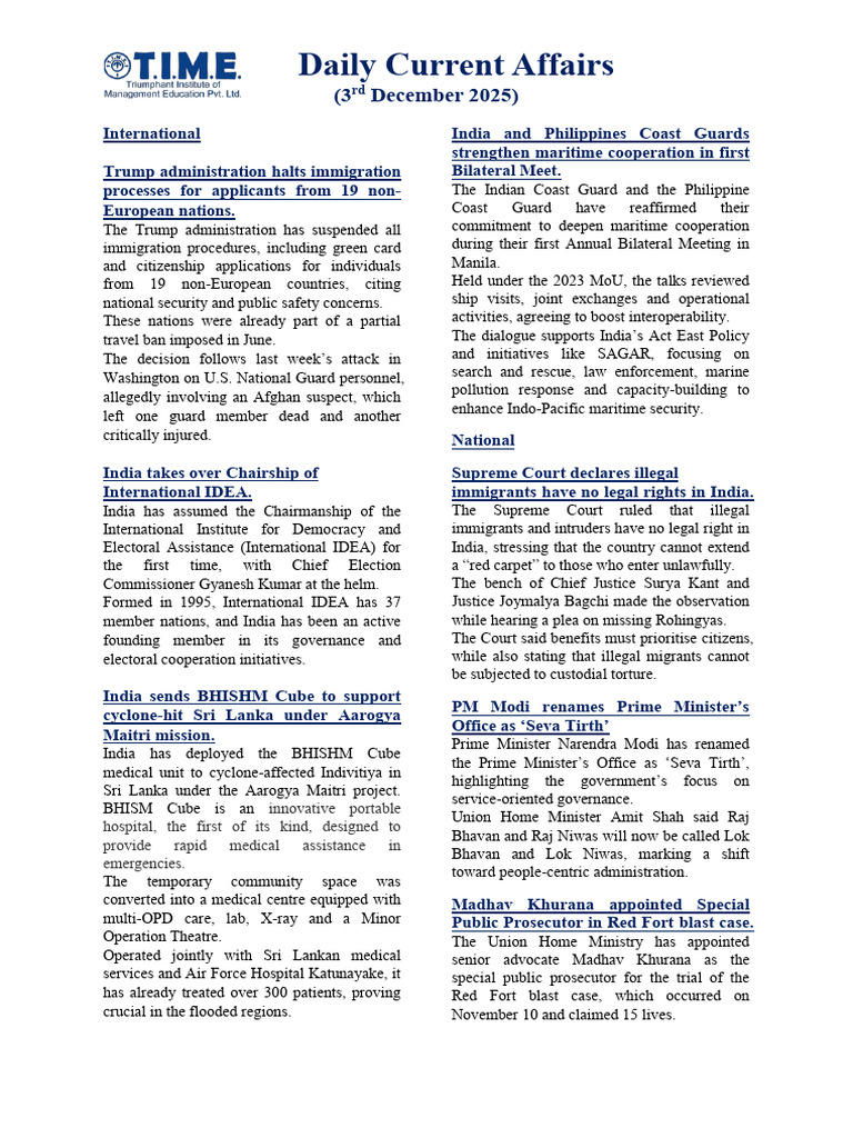 Daily Current Affairs 3rd December 2025 | PDF | Coast Guard ...