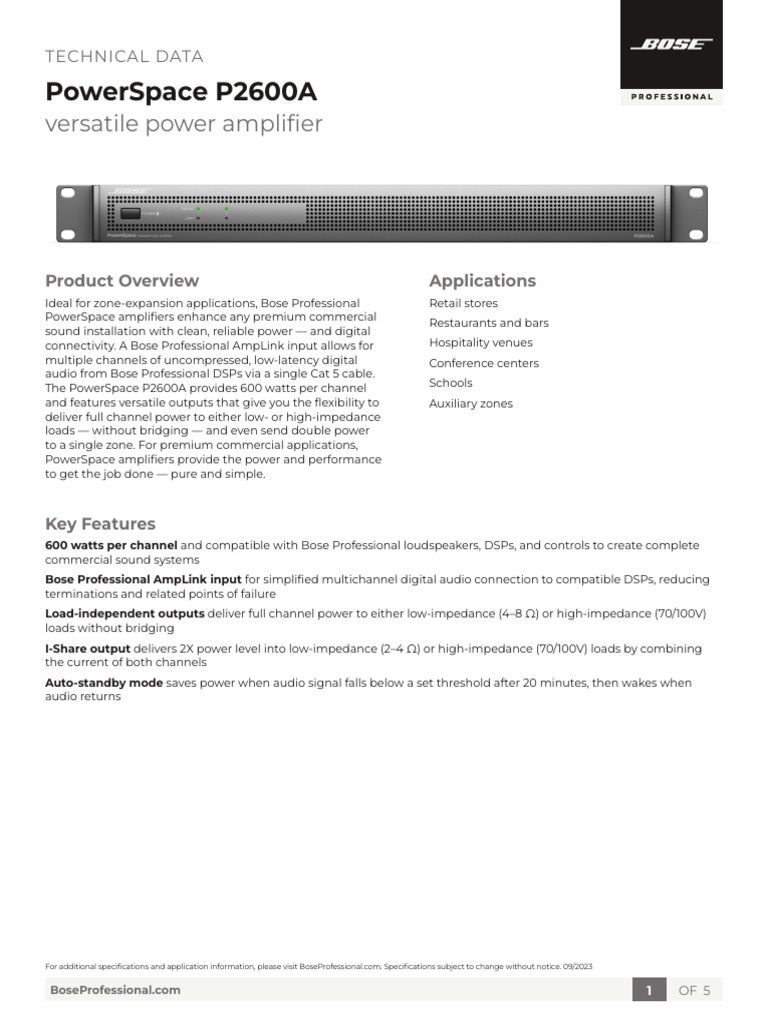 Bose PowerSpace P2600A Amplifier Specs | PDF | Amplifier | Electronics