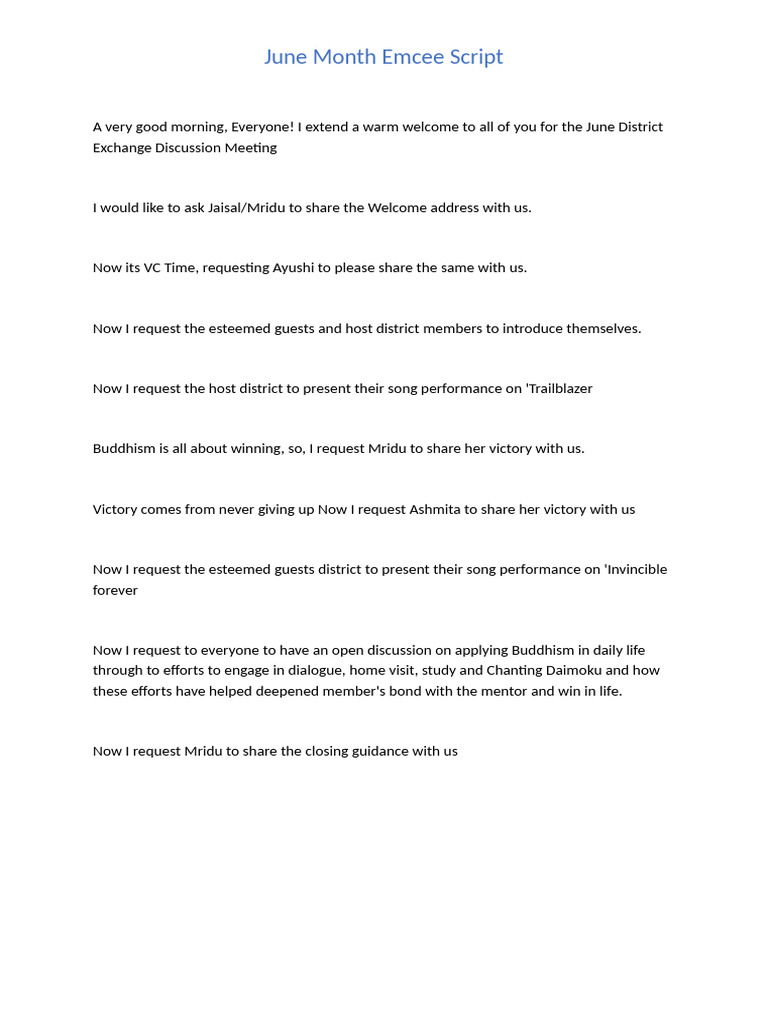 June District Meeting Emcee Script | PDF
