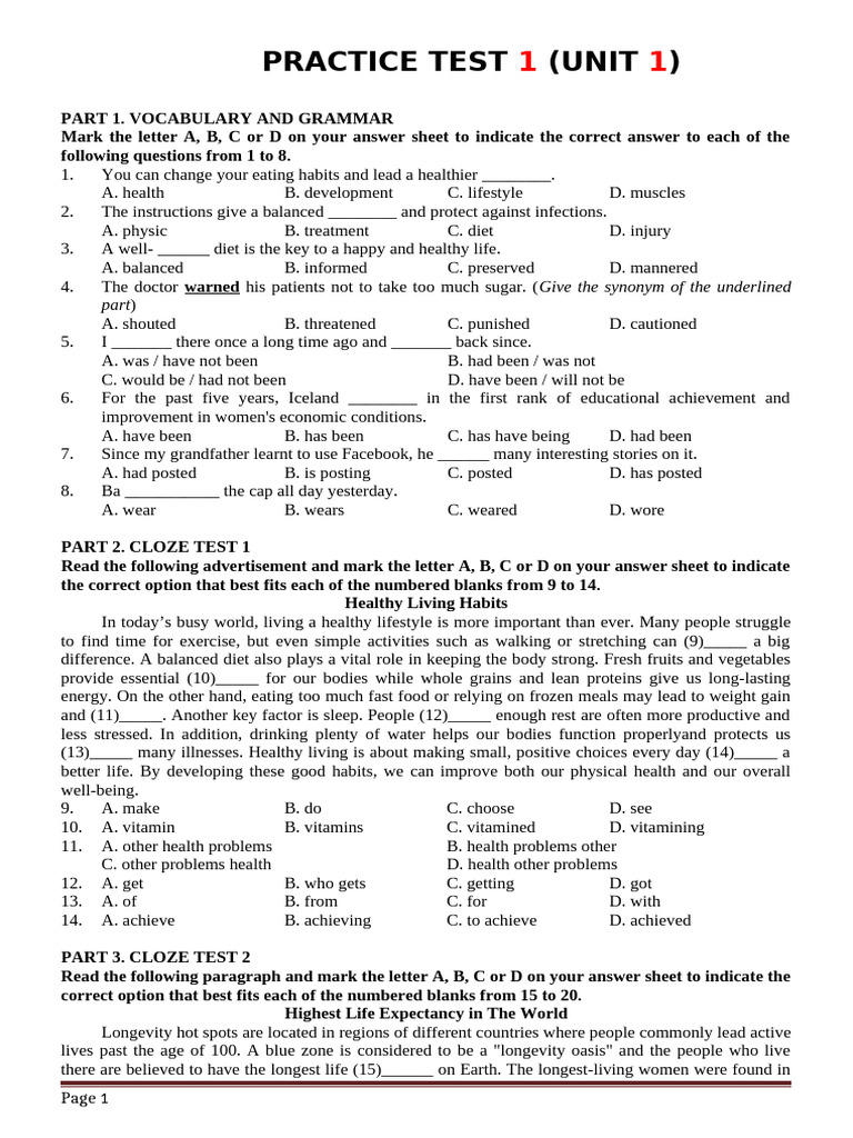 Vocabulary and Grammar Practice Test | PDF | Healthy Diet | Renewable ...