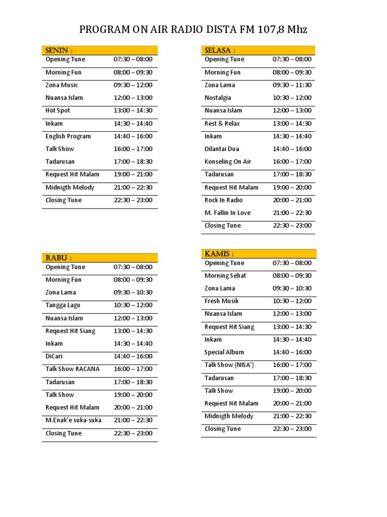 Dista FM 107.8 Weekly Program Schedule | PDF