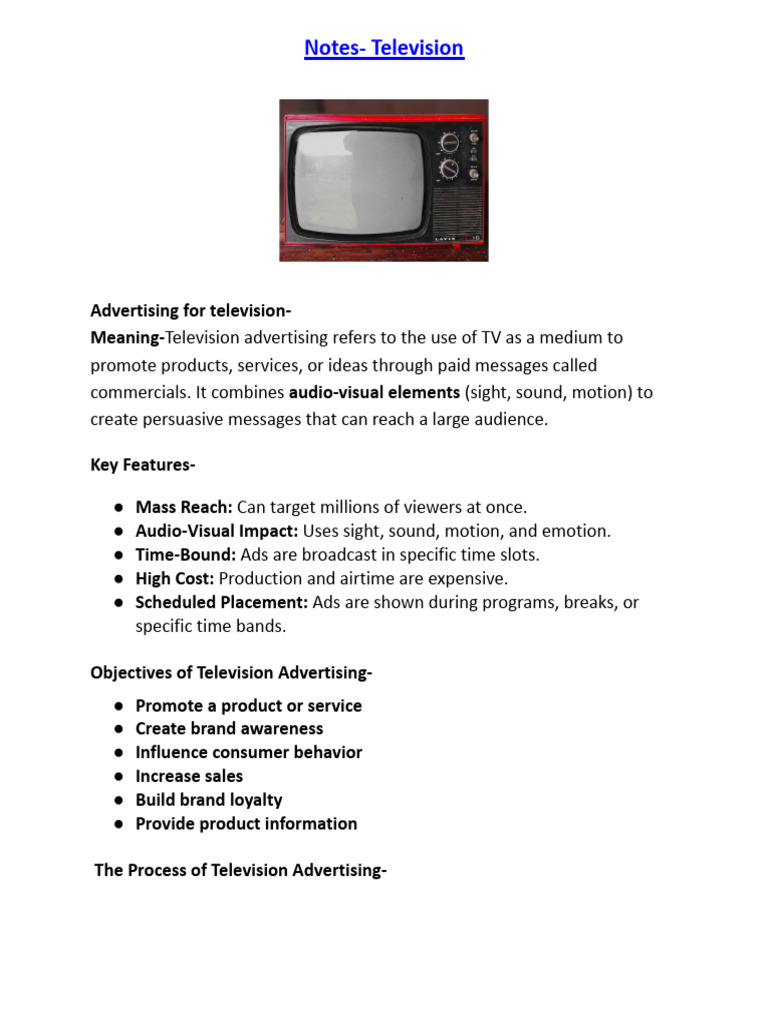 Class 12 - Television Notes, Mass Communication | PDF | Advertising | Brand