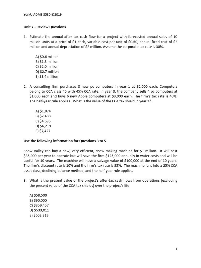 Cash Flow and NPV Analysis Questions | PDF | Depreciation | Taxes