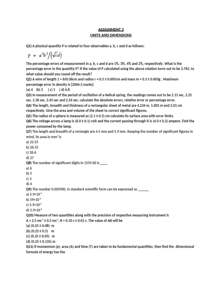 Units and Dimensions ( Assignment 3) | PDF