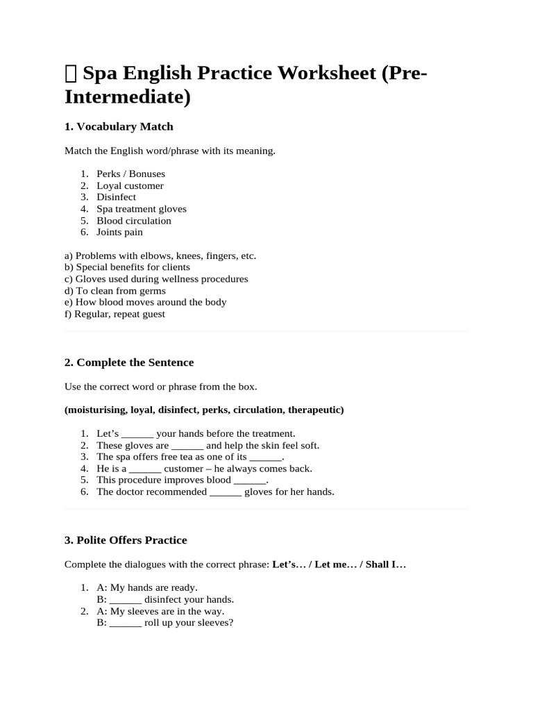 Spa English Practice Worksheet Guide | PDF