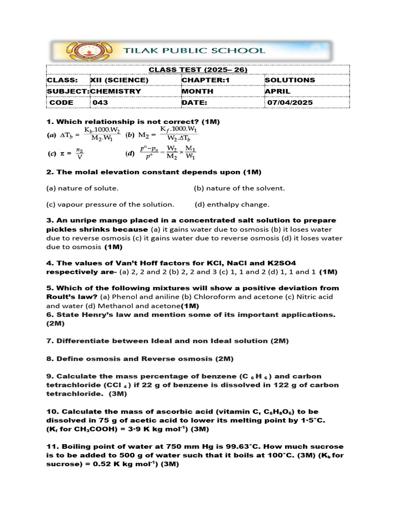 Xii s1 Chemistry Question Class Test Ch-1 2025-26 April | PDF