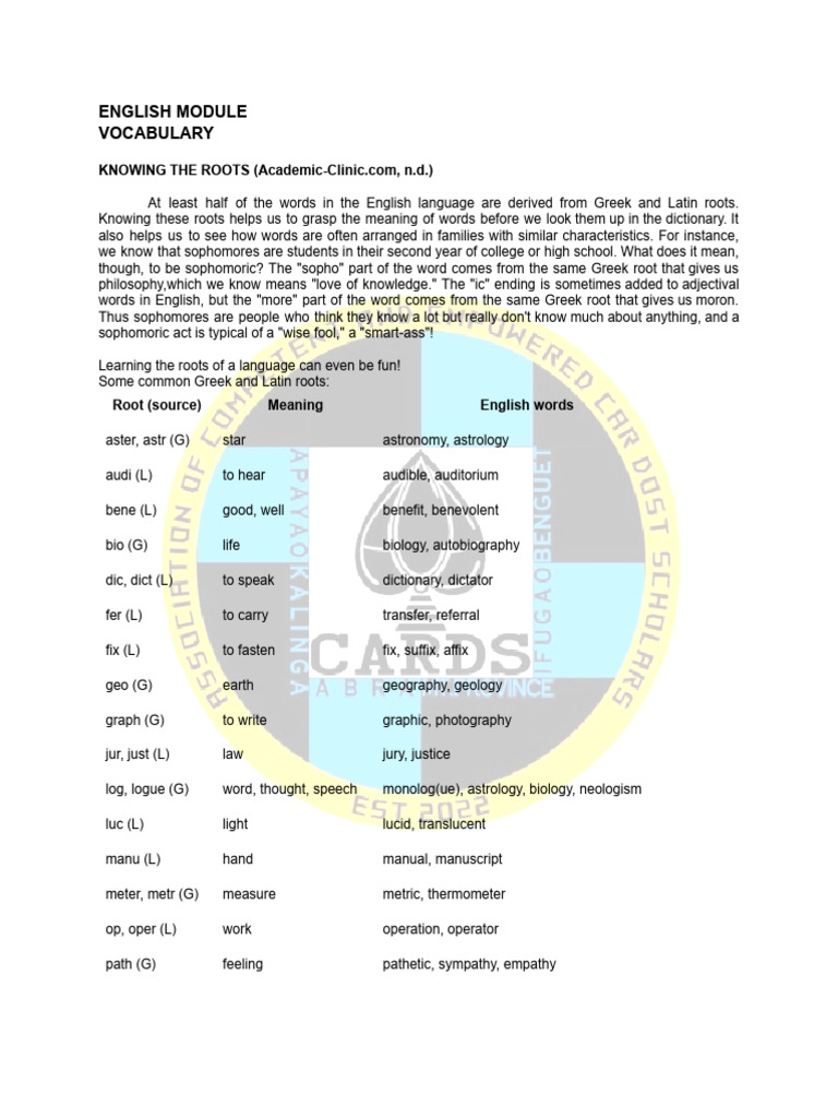 English Vocabulary Roots Guide | PDF | Idiom | Word