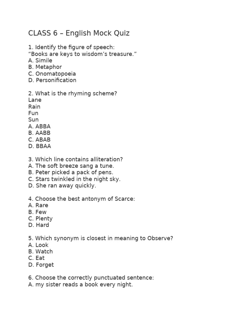 Class 6 English Mock Quiz Questions | PDF