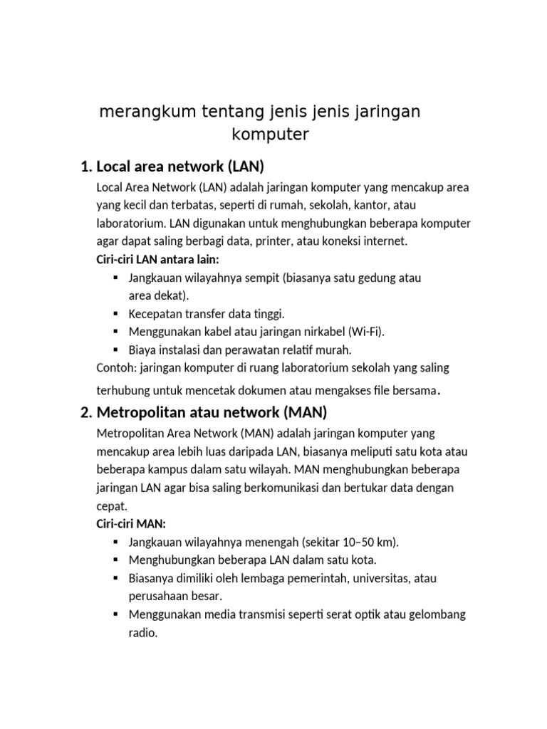 Jenis-Jenis Jaringan Komputer: LAN, MAN, WAN | PDF