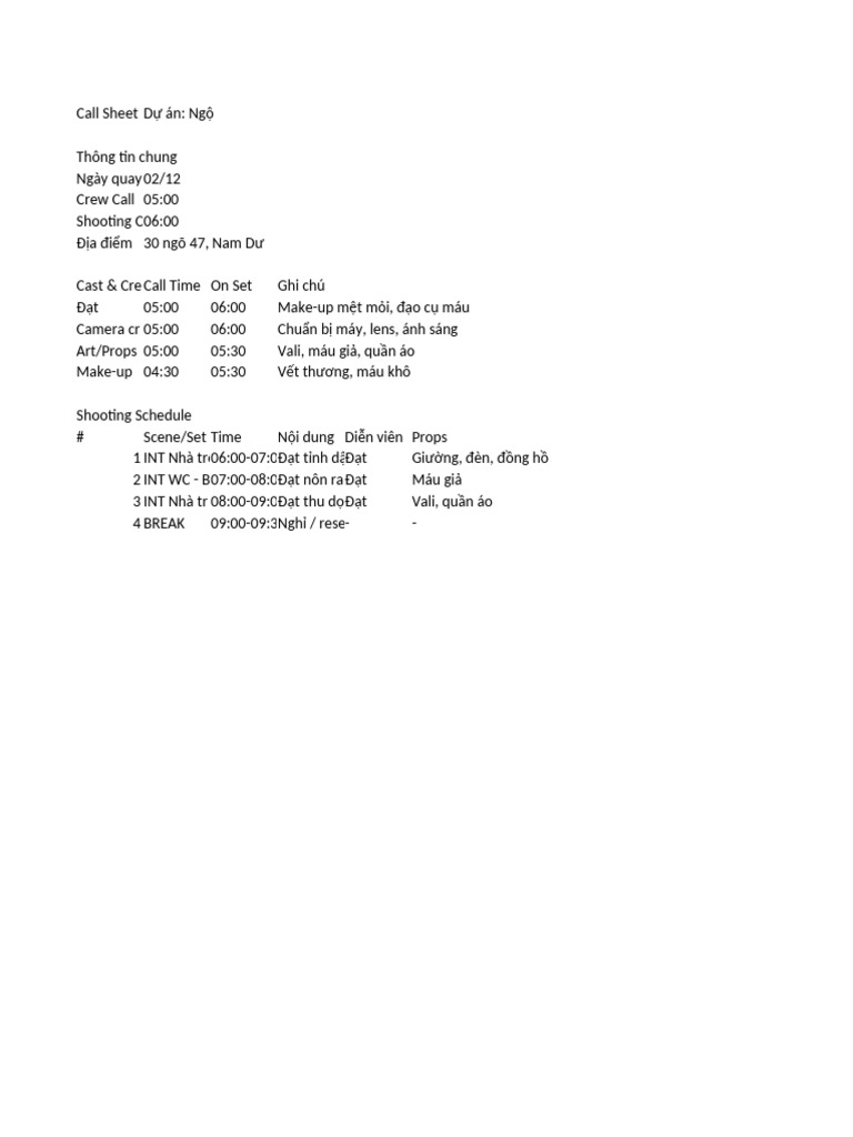 Callsheet Day2 | PDF