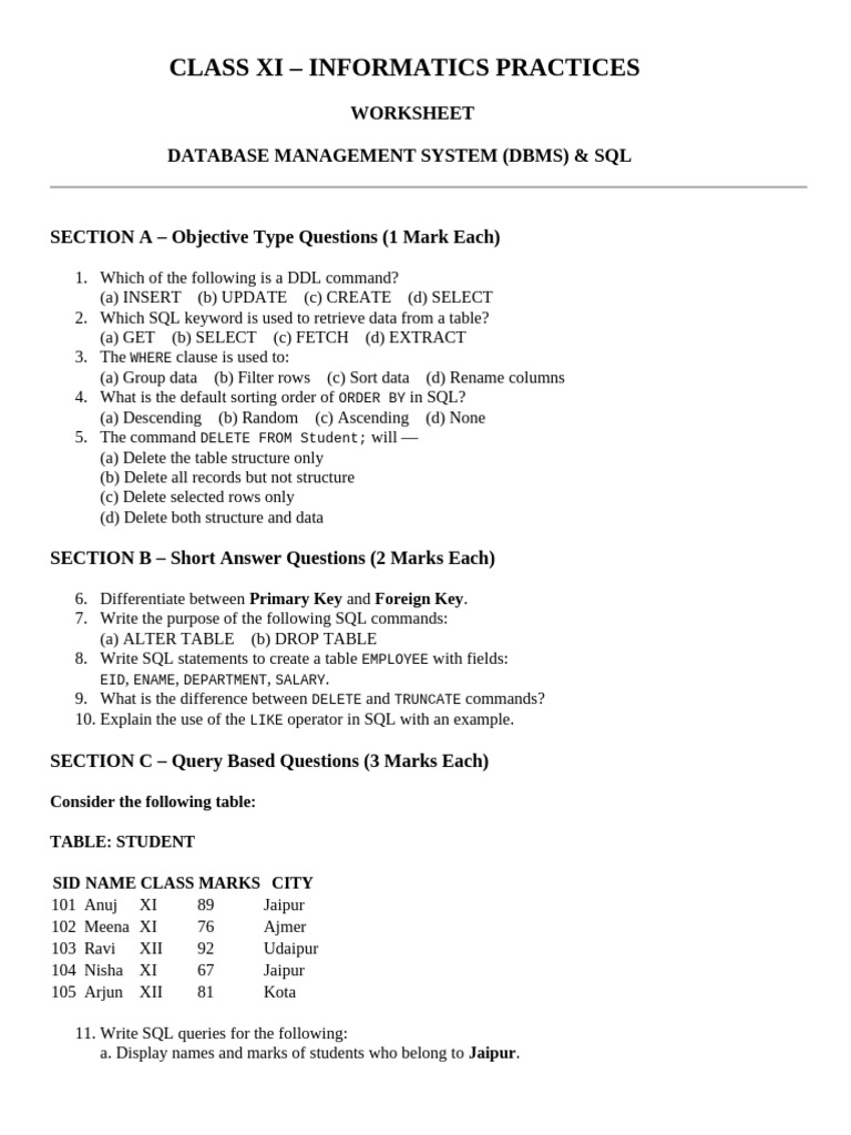 DBMS & SQL Worksheet for Class XI | PDF | Sql | Databases