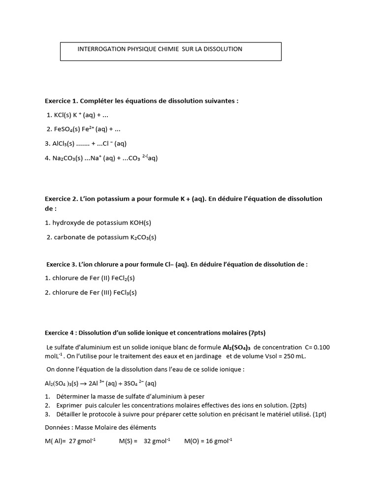 Équations de dissolution et calculs molaires | PDF