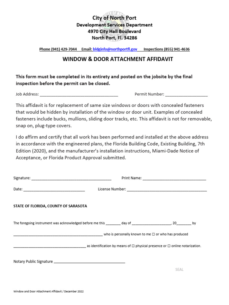 Window and Door Affidavit Form | PDF