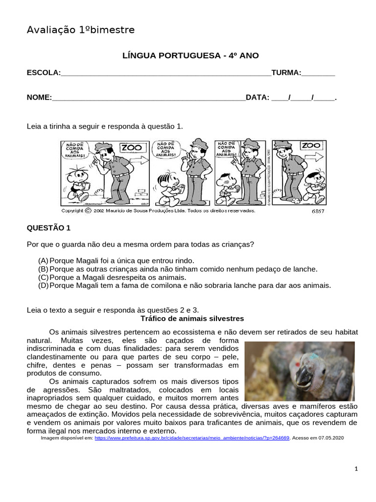 Avaliação de Língua Portuguesa 4º Ano | PDF