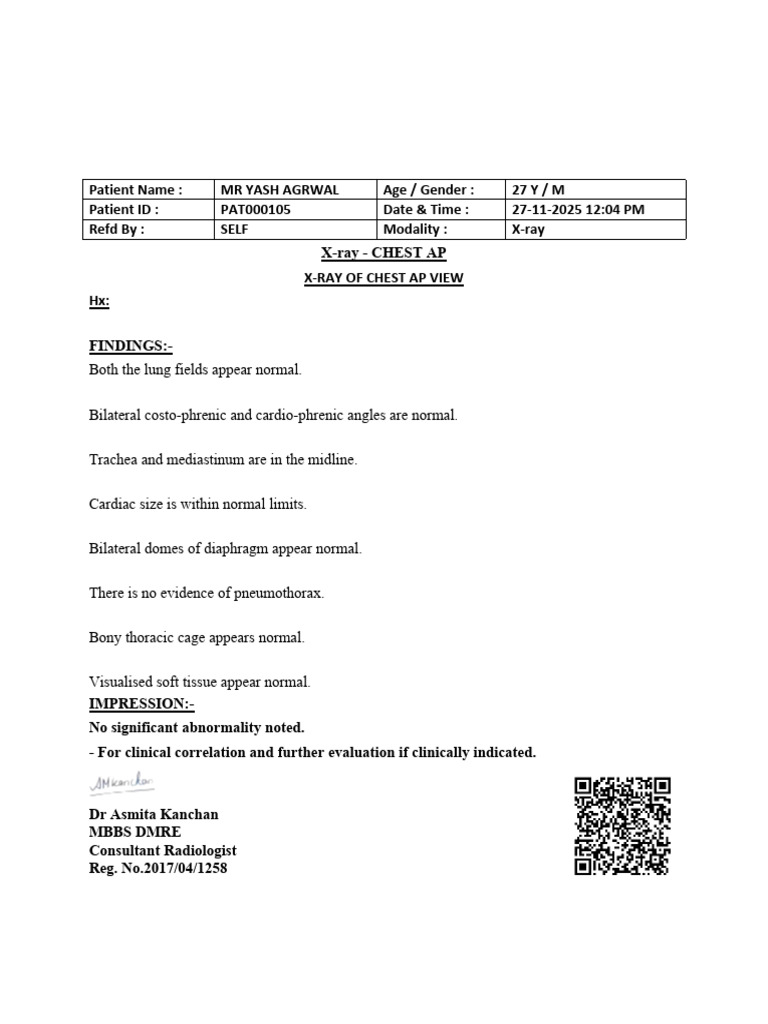Normal Chest X-ray Report for Patient | PDF