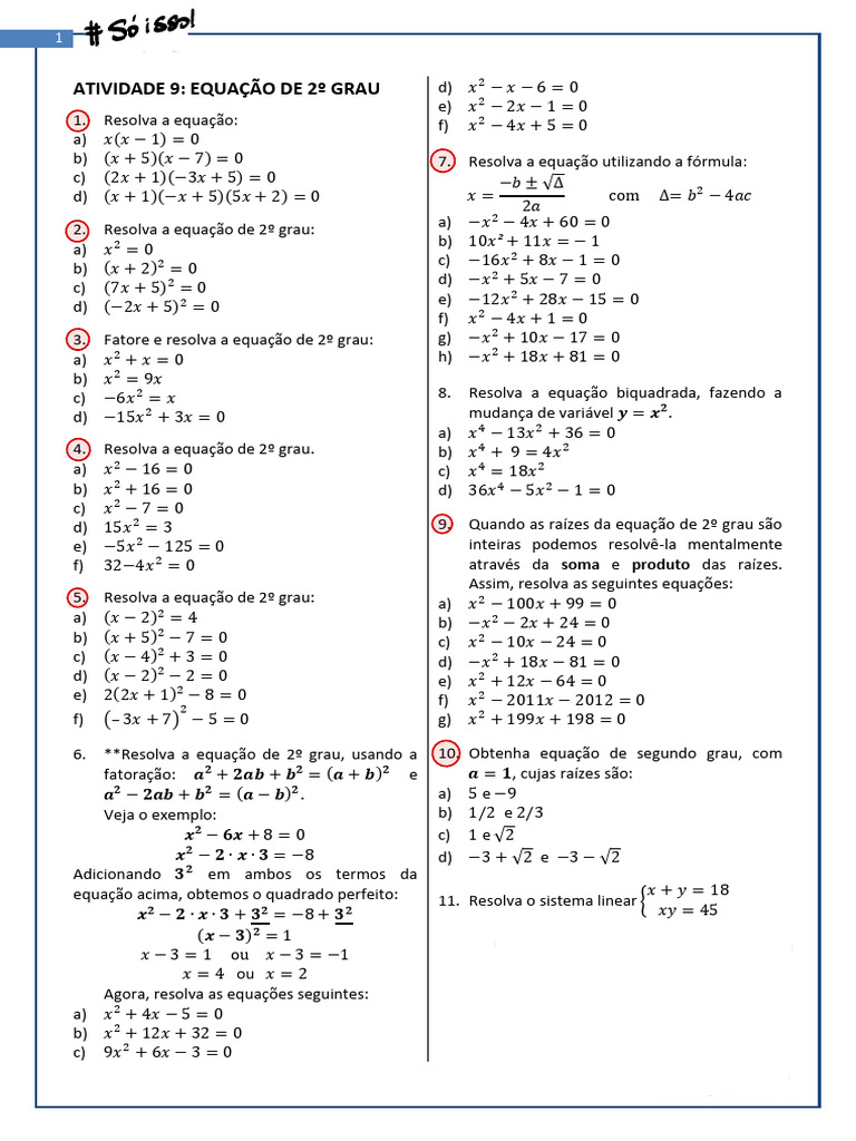 Exercícios de Equação de 2º Grau | PDF | Equações | Conceitos matemáticos