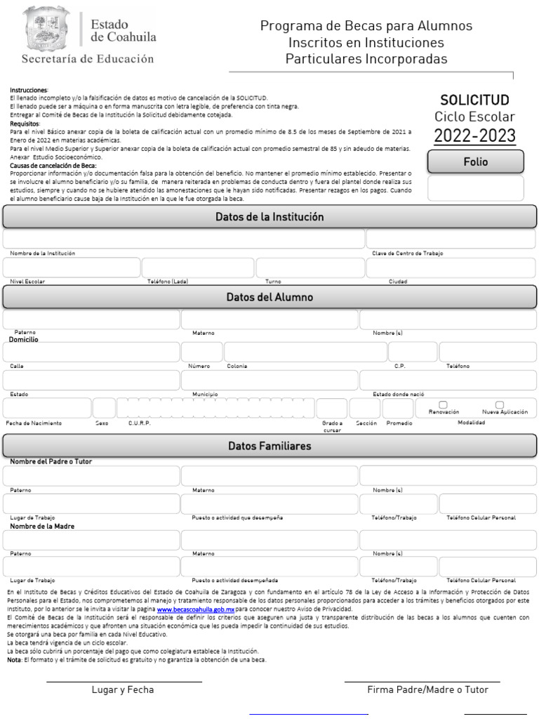 Solicitud de Beca 2022-2023 Coahuila | PDF | Beca