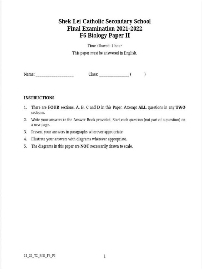 F6 Biology Exam Paper 2021-2022 | PDF | Growth Hormone | Stem Cell