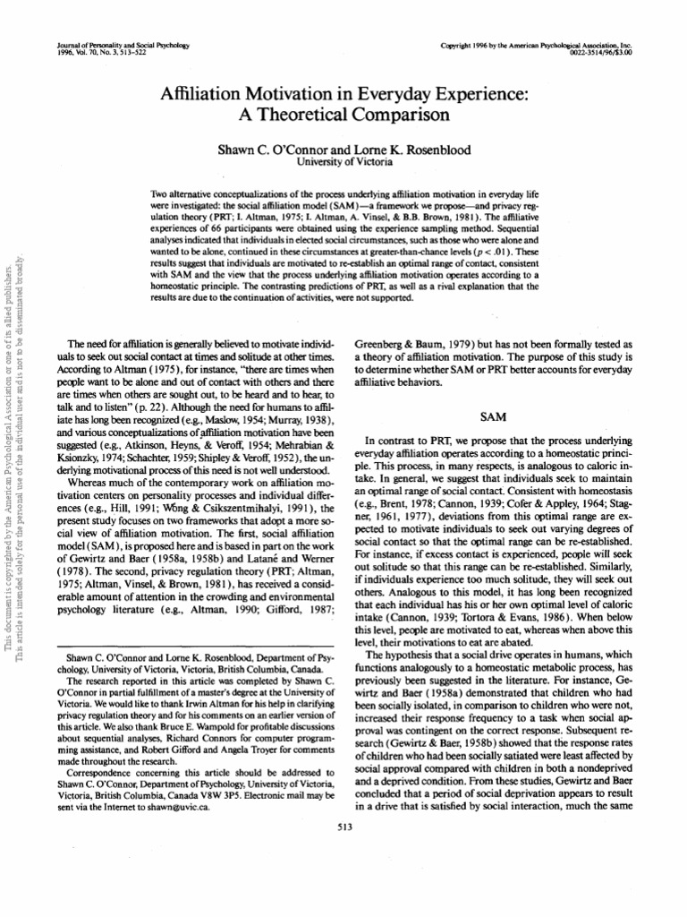 Affiliation Motivation in Everyday Experience j Psp 1996 | PDF ...
