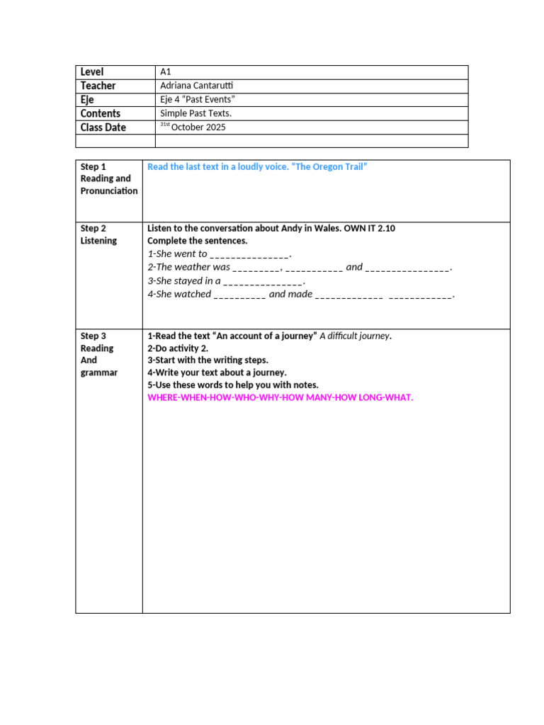 A1 Lesson Plan: Past Events Activities | PDF
