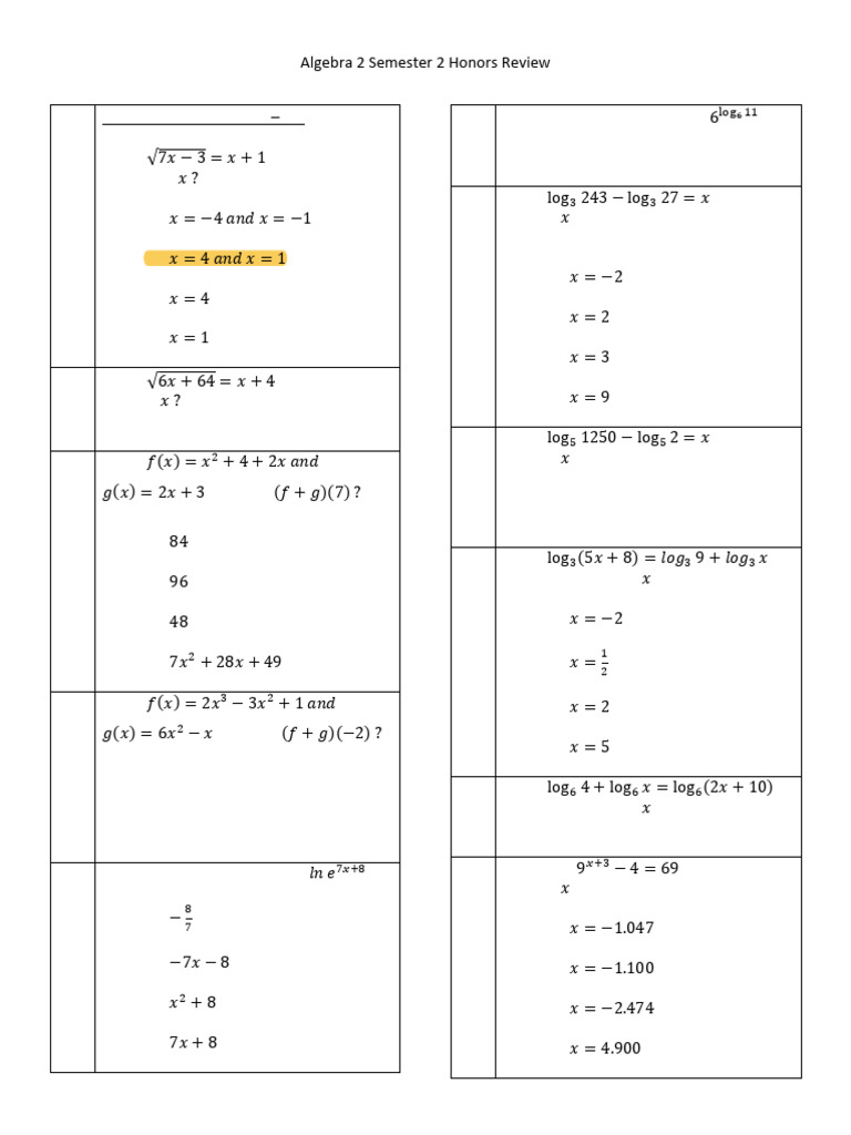 Algebra 2 Honors Review Questions | PDF | Logarithm | Exponential Function