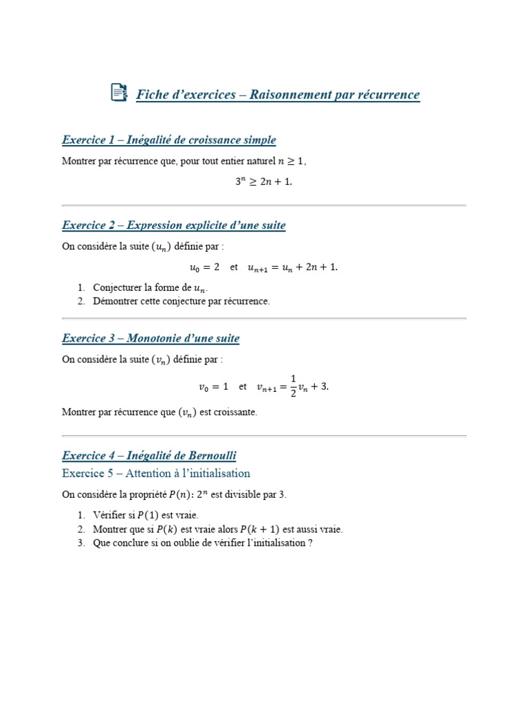 Exercices sur le Raisonnement par Récurrence | PDF
