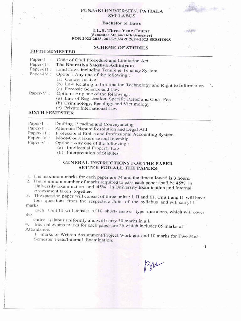 LL.B (Three Year Course) Part-3 Sem-5 & 6 Continue For 2025-26, 2026-27 ...