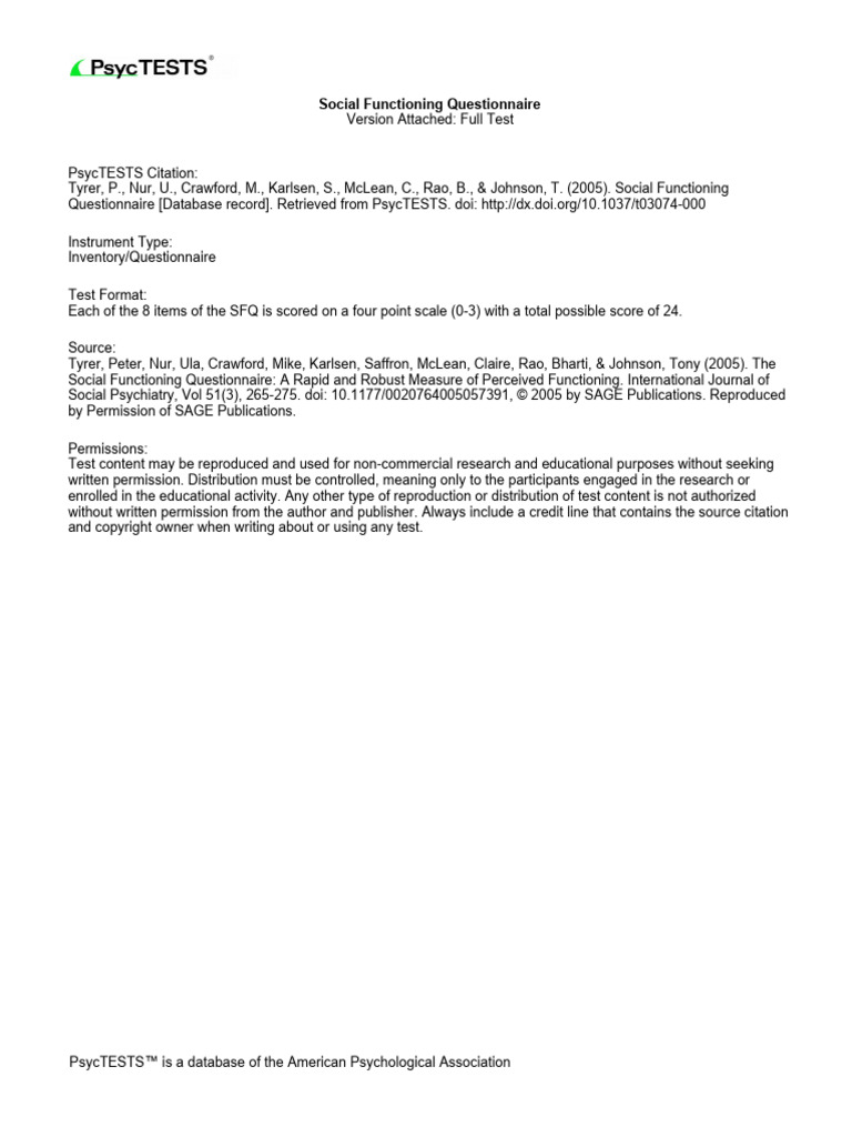 Social Functioning Questionnaire Overview | PDF | Psychological ...