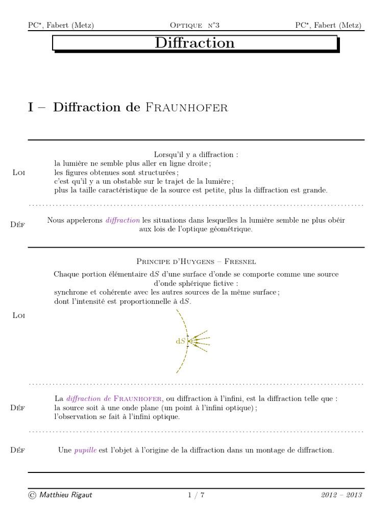 Diﬀraction de Fraunhofer en optique | PDF | Diffraction | Mouvement ...