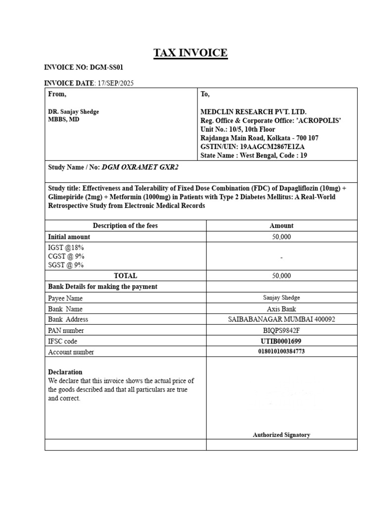 Tax Invoice for Diabetes Study Services | PDF