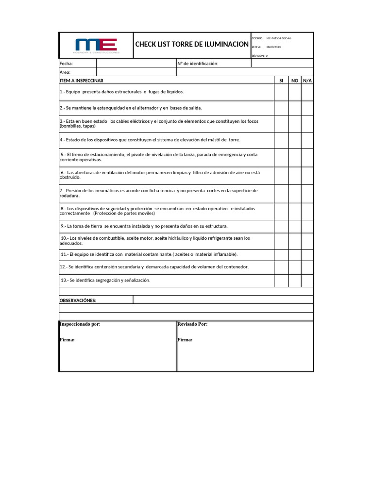 ME-74155-HSEC-46 - Check List - Torre de Iluminacion | PDF