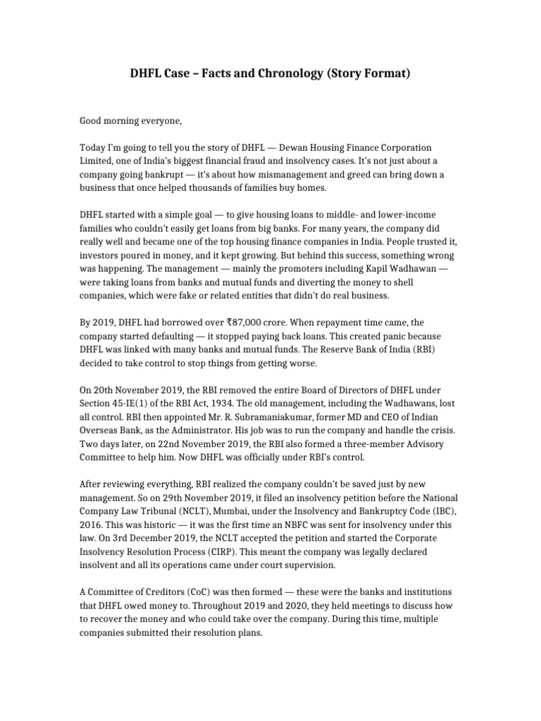 DHFL Financial Fraud and Insolvency Timeline | PDF | Bankruptcy | Money