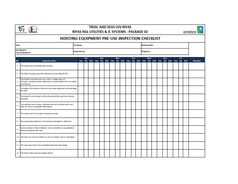 Hoisting Equipment Inspection Checklist | PDF