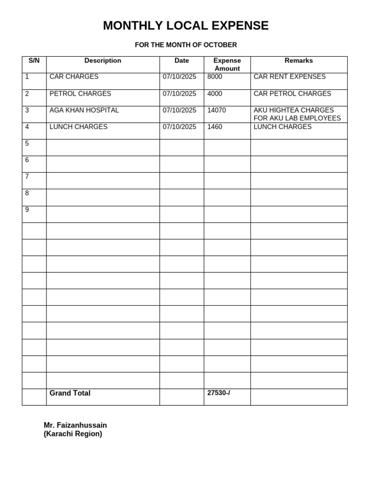Local Expenses Sheet Pns Shifa Team | PDF