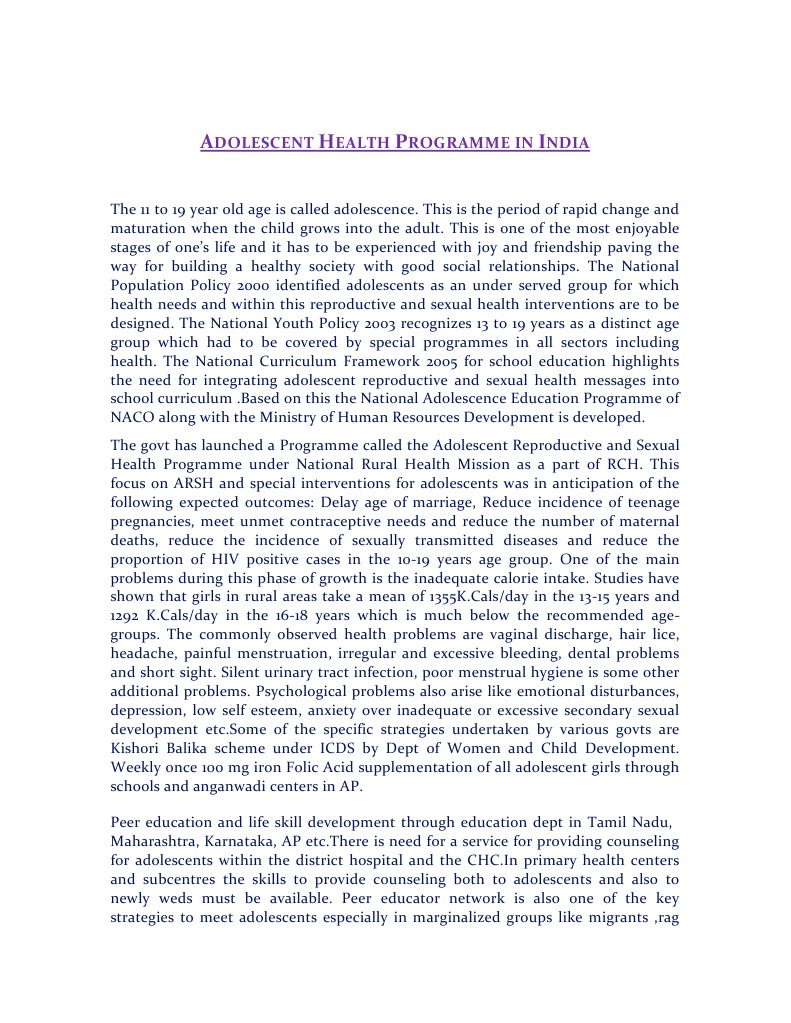 Adolescent Health Programme in India | PDF | Reproductive Health ...
