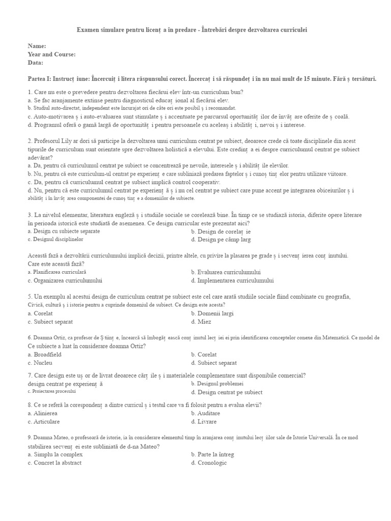 Exemplu de Întrebare LET În Dezvoltarea Curriculumului | PDF