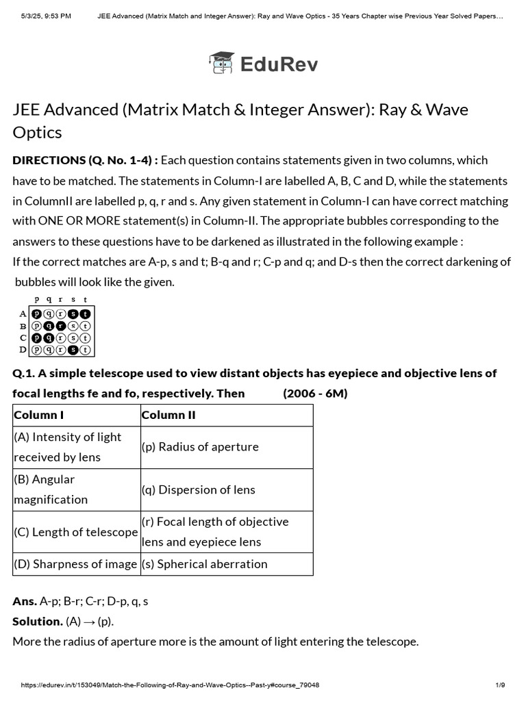 JEE Advanced Ray & Wave Optics Matching Guide | PDF | Optics | Refraction