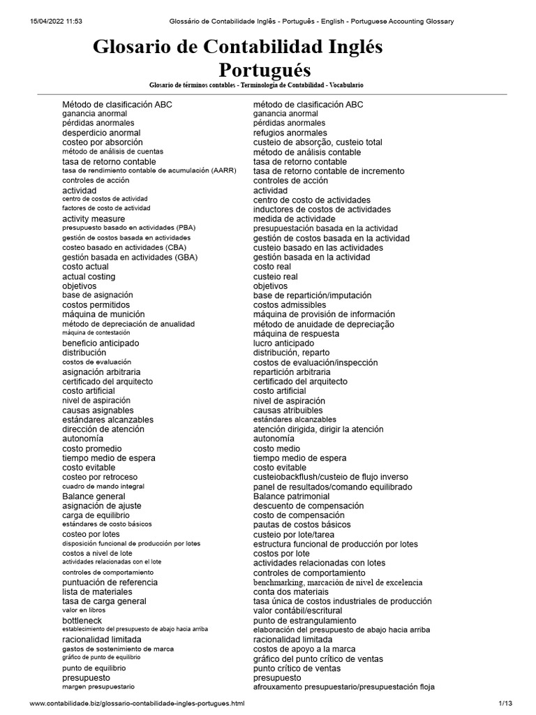 Glosario Contable Inglés-Portugués | PDF | Presupuesto | Lean Manufacturing